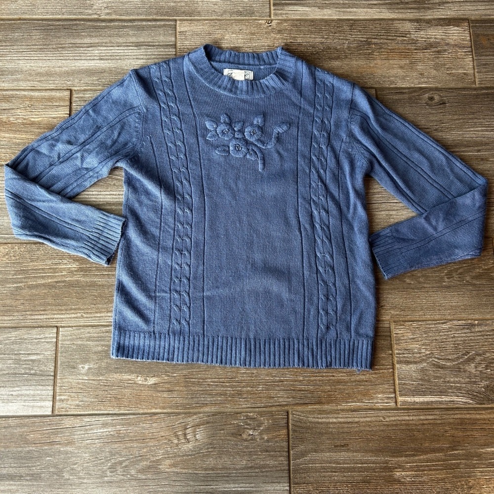 Vintage Blue Embroidered Floral Flower Sweater Grandma Cottage CoreWomen's Small